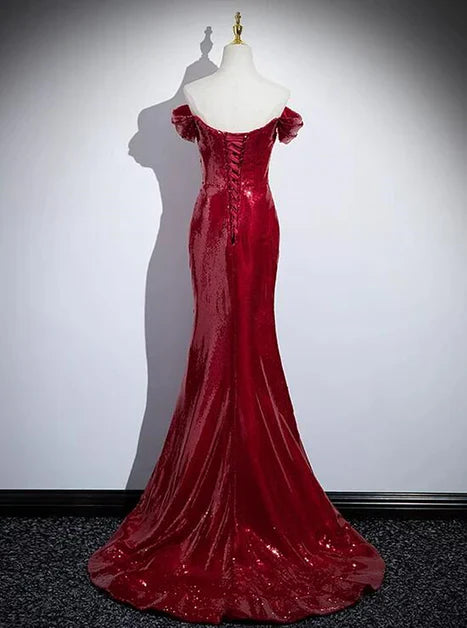 Vestido de fiesta largo con abertura y hombros descubiertos, lentejuelas rojas brillantes de sirena, vestido de noche GG211