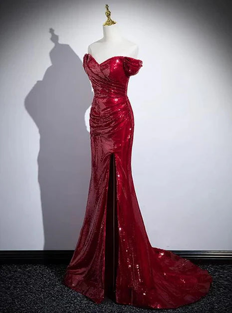 Vestido de fiesta largo con abertura y hombros descubiertos, lentejuelas rojas brillantes de sirena, vestido de noche GG211