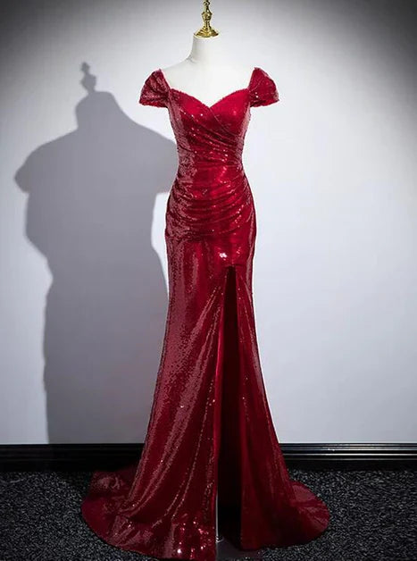 Vestido de fiesta largo con abertura y hombros descubiertos, lentejuelas rojas brillantes de sirena, vestido de noche GG211