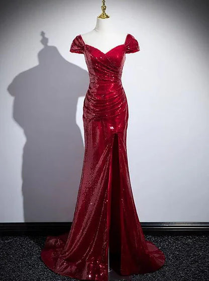 Vestido de fiesta largo con abertura y hombros descubiertos, lentejuelas rojas brillantes de sirena, vestido de noche GG211