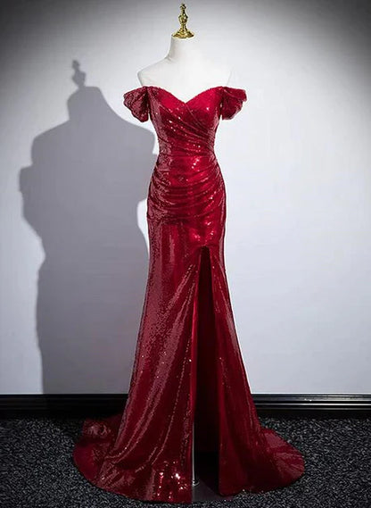 Vestido de fiesta largo con abertura y hombros descubiertos, lentejuelas rojas brillantes de sirena, vestido de noche GG211