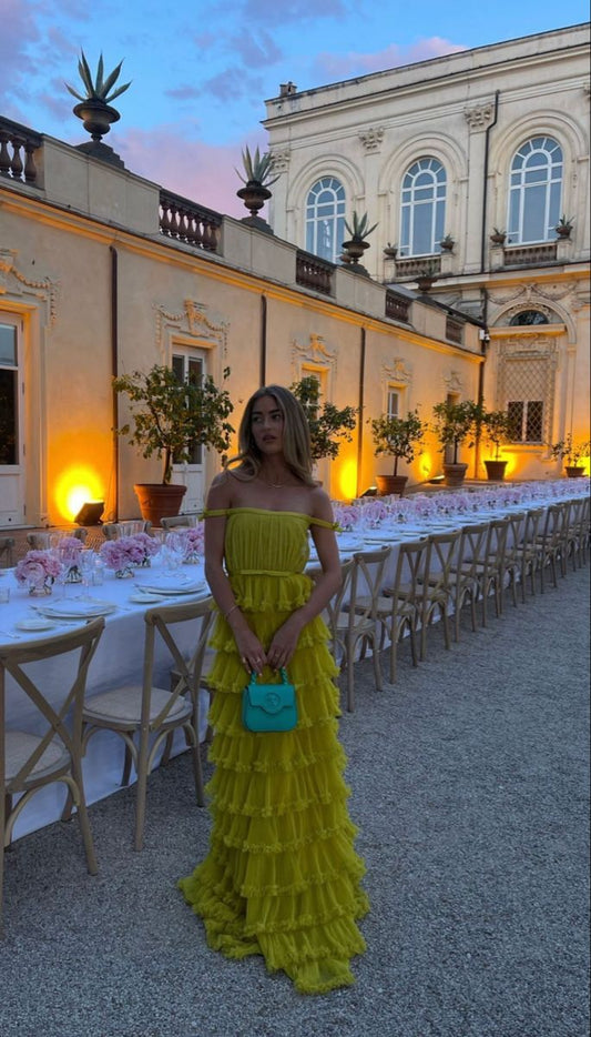 Vestido de fiesta largo de tul con hombros descubiertos y capas, corte A, único, vestido de noche GG2127