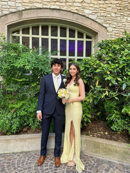 Pretty Mermaid Spaghetti Straps Pastel Yellow Satin Lace Slit Long Prom Dress,Evening Dress GG2141