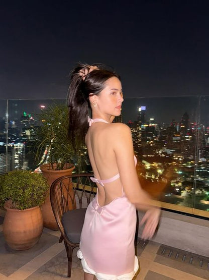Vestido de fiesta corto de satén rosa con escote halter y corte sirena, vestido de bienvenida y vestido de noche GG2147