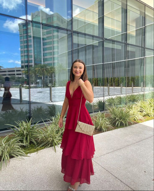 Pretty A Line V Neck Burgundy Chiffon Tiered  Long Prom Dress,Evening Dress GG2153