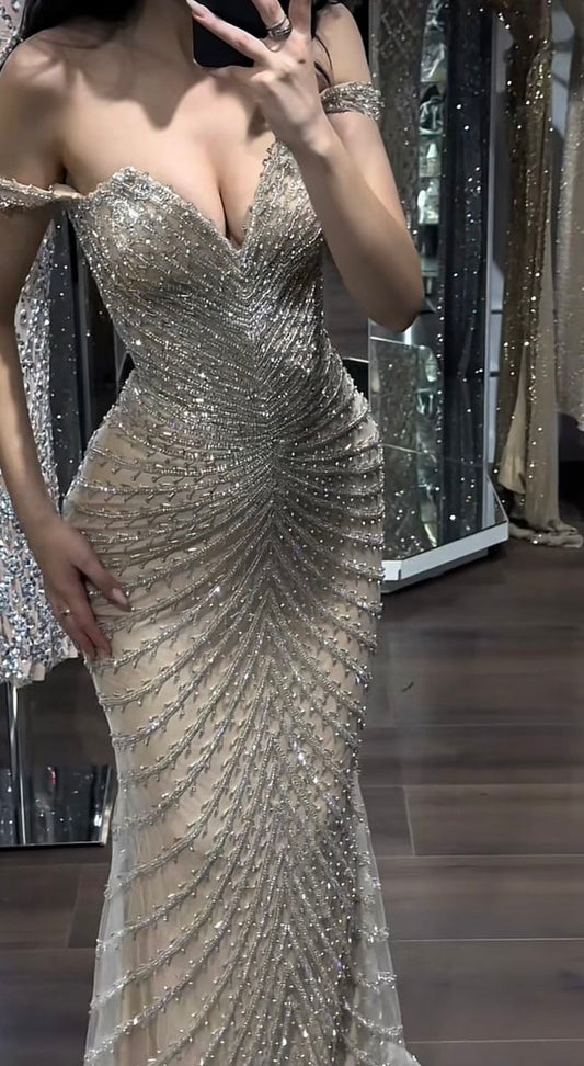 Hermoso vestido de fiesta largo de sirena con hombros descubiertos, tul satinado y cuentas, vestido de fiesta, vestido de noche GG2176