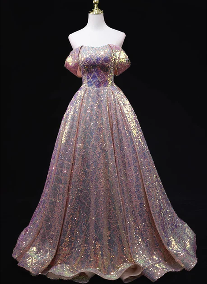 Vestido de fiesta largo rosa brillante con lentejuelas, corte A, hombros descubiertos, sin tirantes, GG219