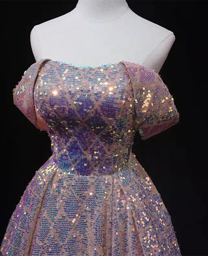 Vestido de fiesta largo rosa brillante con lentejuelas, corte A, hombros descubiertos, sin tirantes, GG219