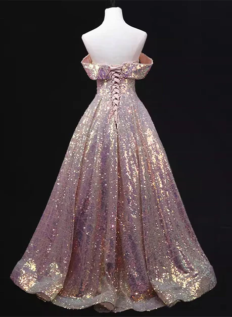 Vestido de fiesta largo rosa brillante con lentejuelas, corte A, hombros descubiertos, sin tirantes, GG219