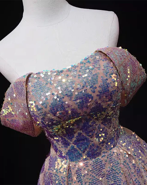 Vestido de fiesta largo rosa brillante con lentejuelas, corte A, hombros descubiertos, sin tirantes, GG219