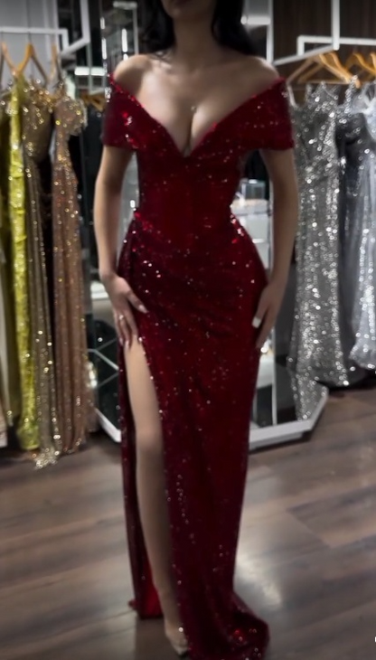 Vestido de fiesta largo con escote sirena, hombros descubiertos, satén burdeos, cuentas y abertura, GG2215