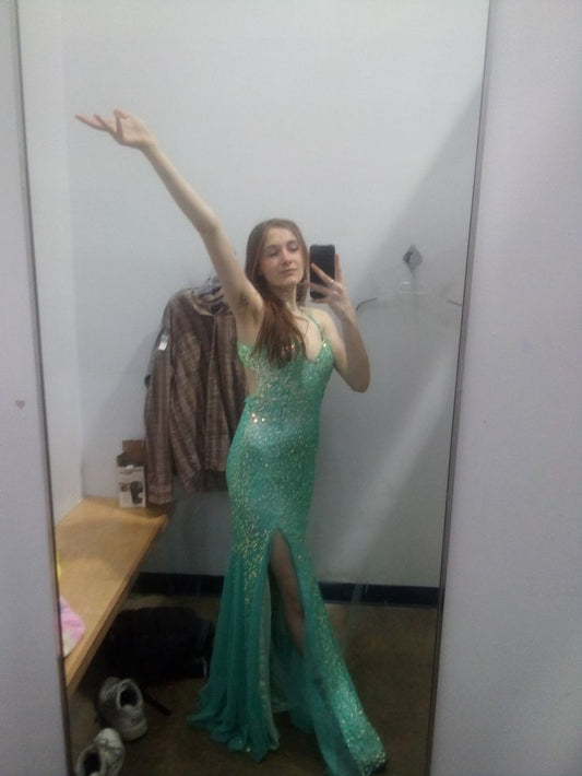 Gorgeous Mermaid Spaghetti Straps Mint Green Satin Sequin Slit Long Prom Dress,Party Dress,Evening Dress GG2217