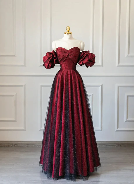 Elegante vestido de fiesta largo de tul negro con escote corazón, corte en A y hombros descubiertos, satén rojo vino, vestidos de noche GG221