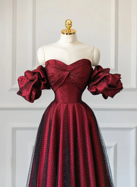 Elegante vestido de fiesta largo de tul negro con escote corazón, corte en A y hombros descubiertos, satén rojo vino, vestidos de noche GG221