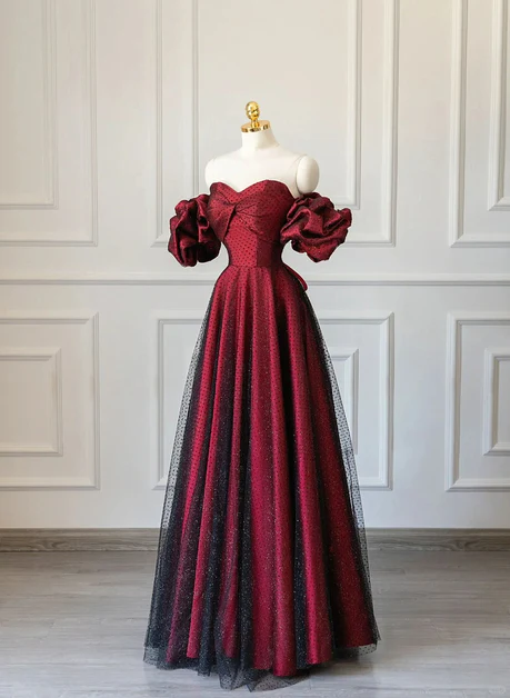 Elegante vestido de fiesta largo de tul negro con escote corazón, corte en A y hombros descubiertos, satén rojo vino, vestidos de noche GG221