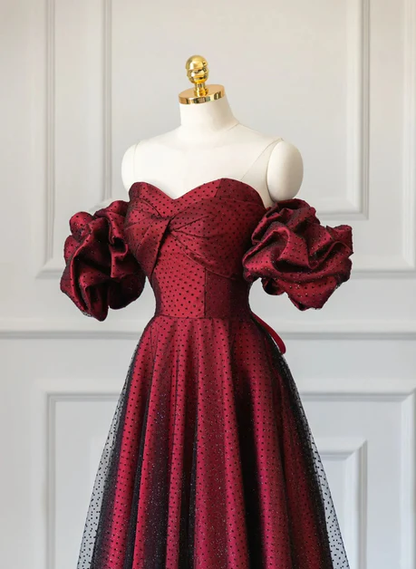 Elegante vestido de fiesta largo de tul negro con escote corazón, corte en A y hombros descubiertos, satén rojo vino, vestidos de noche GG221
