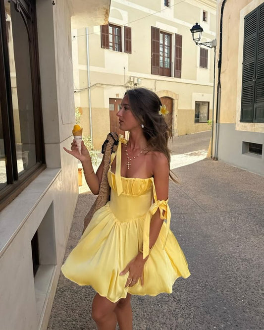 Vestido corto de satén amarillo con tirantes finos, corte A, para fiesta de bienvenida y noche, GG2229