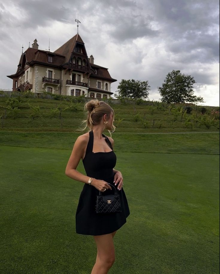 Vestido de fiesta corto de satén negro con cuello halter y corte A, elegante, para regreso a casa y noche, GG2231