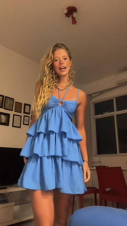 Vestido de fiesta corto de gasa azul con tirantes finos, corte A, escalonado, para regreso a casa y noche, GG2235
