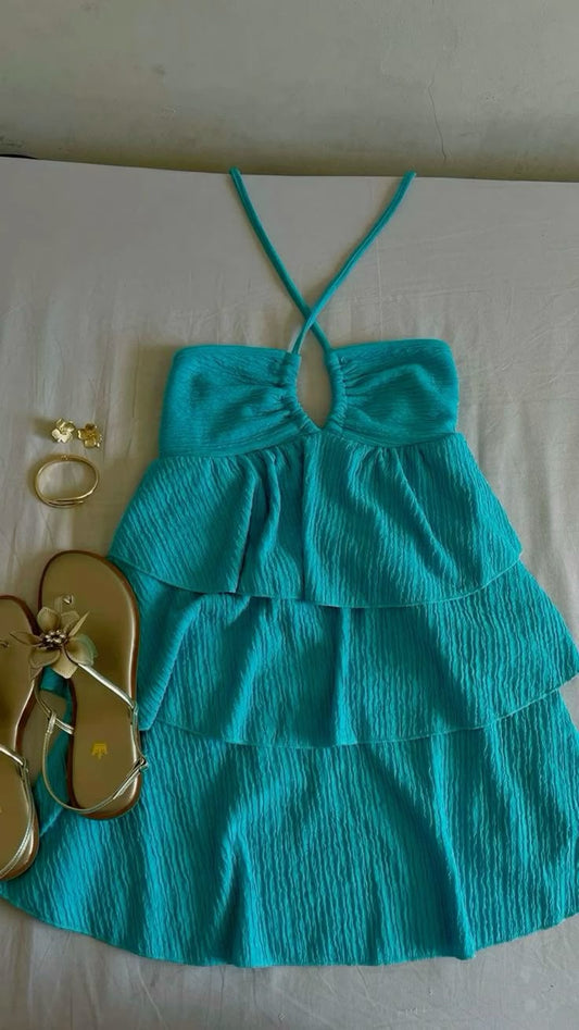 Vestido de fiesta corto con escote halter, de satén turquesa, con capas, corte A, para regreso a casa y noche, GG2239