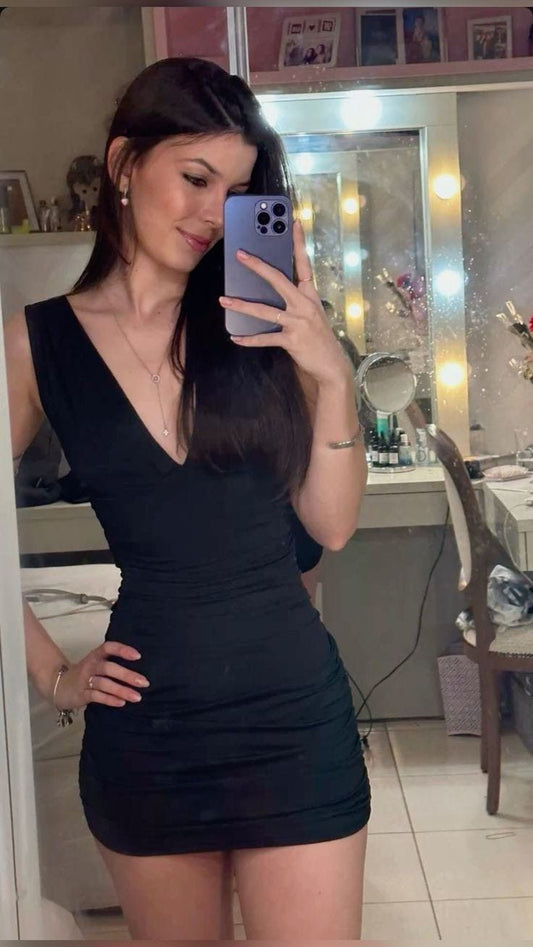 Vestido de fiesta corto de satén negro con escote en V y corte sirena, vestido de fiesta, vestido de noche GG2241