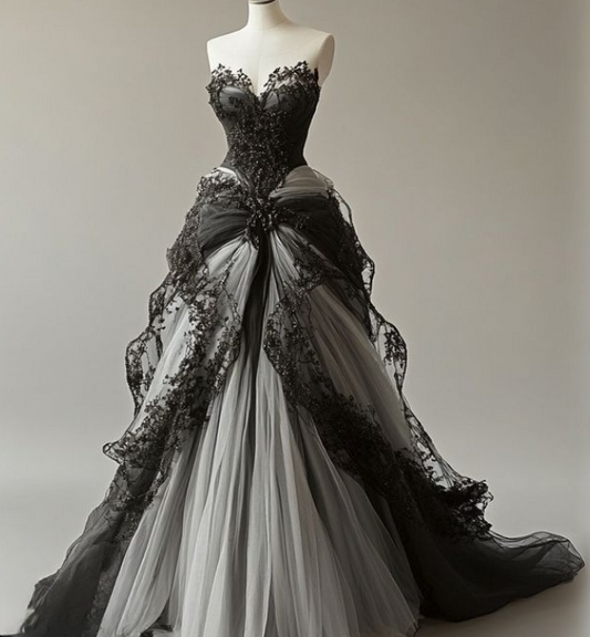 Impresionante vestido de fiesta largo de tul con encaje y corte en A, sin tirantes, para novia o noche GG2254