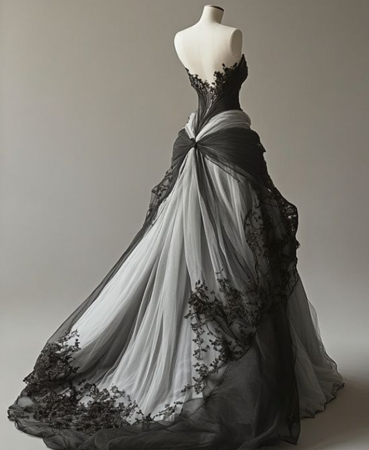 Impresionante vestido de fiesta largo de tul con encaje y corte en A, sin tirantes, para novia o noche GG2254