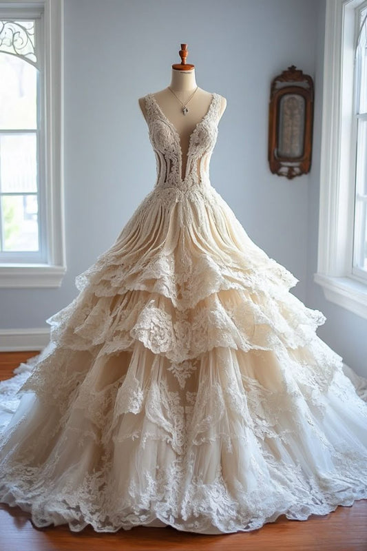 Hermoso vestido de fiesta largo de tul con escote en V y encaje, vestido de novia o de noche GG2256