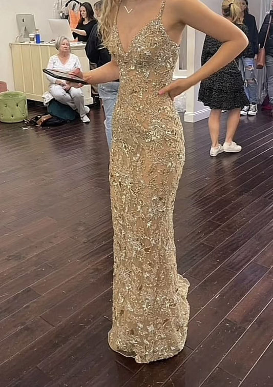 Gorgeous Mermaid Spaghetti Straps Gold Tulle Sequin Long Prom Dress,Party Dress,Evening Dress GG2260