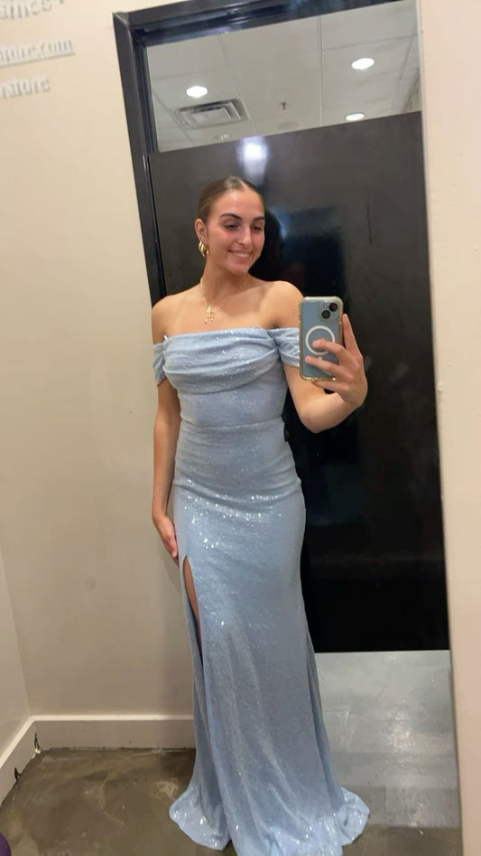 Vestido de fiesta largo de sirena con hombros descubiertos, satén azul pálido, lentejuelas y abertura, GG2279