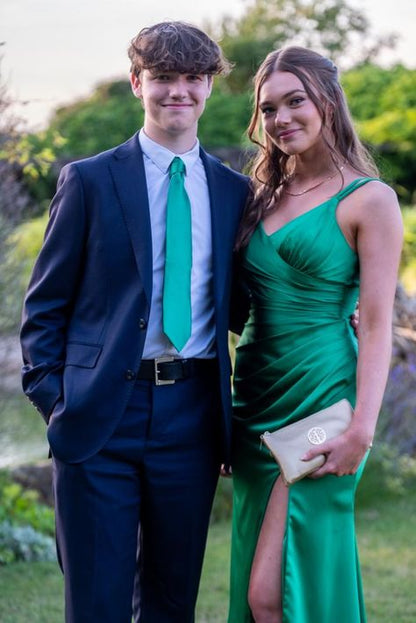 Classy Mermaid Spaghetti Straps Green Satin Pleated Slit Long Prom Dress,Party Dress,Evening Dress GG2288