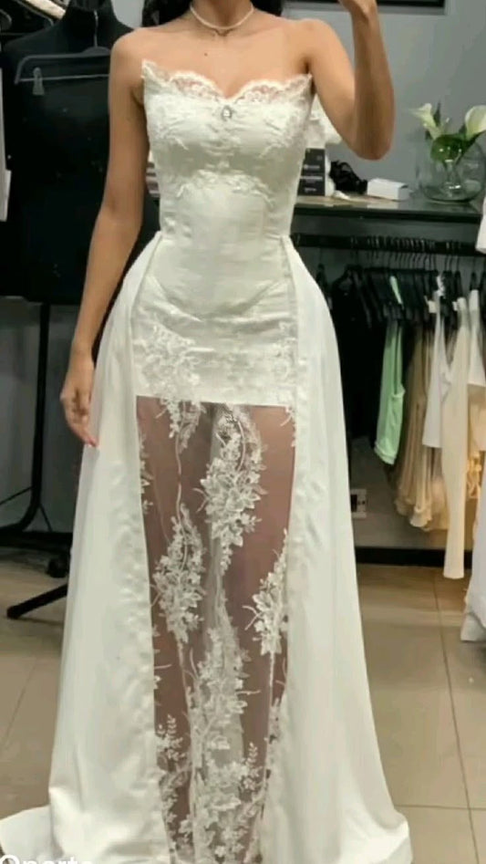 Vestido de fiesta largo vintage de sirena sin tirantes, de satén blanco y encaje, para novia o noche, GG2299
