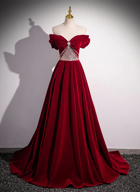 Hermoso vestido de fiesta largo de terciopelo con cuentas, corte en A, color rojo vino, hombros descubiertos, vestido de noche GG229