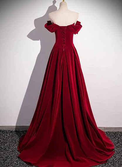 Hermoso vestido de fiesta largo de terciopelo con cuentas, corte en A, color rojo vino, hombros descubiertos, vestido de noche GG229
