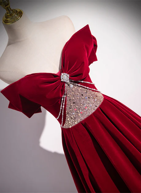 Hermoso vestido de fiesta largo de terciopelo con cuentas, corte en A, color rojo vino, hombros descubiertos, vestido de noche GG229
