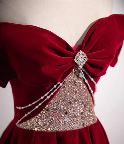Hermoso vestido de fiesta largo de terciopelo con cuentas, corte en A, color rojo vino, hombros descubiertos, vestido de noche GG229