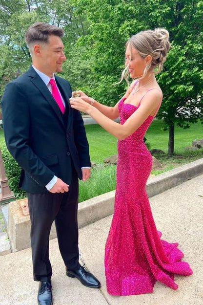 Gorgeous Mermaid Spaghetti Straps Satin Sequin Long Prom Dress,Party Dress,Evening Dress GG2305
