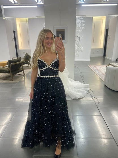Chic A Line Spaghetti Straps Chiffon Polka Dot Pearl Long Prom Dress,Party Dress,Evening Dress GG2309
