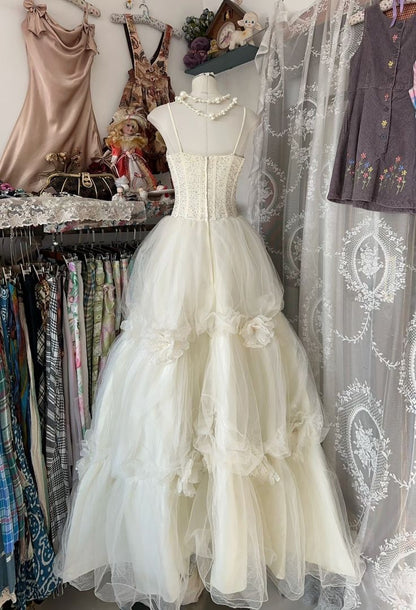 Vestido de fiesta largo de tul con tirantes finos, corte A, escalonado, para novia y noche, GG2313