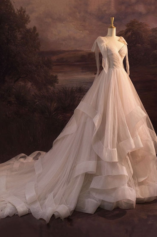 Hermoso vestido de fiesta largo de tul rosa ruborizado con tirantes finos, vestido de novia y vestido de noche GG2314
