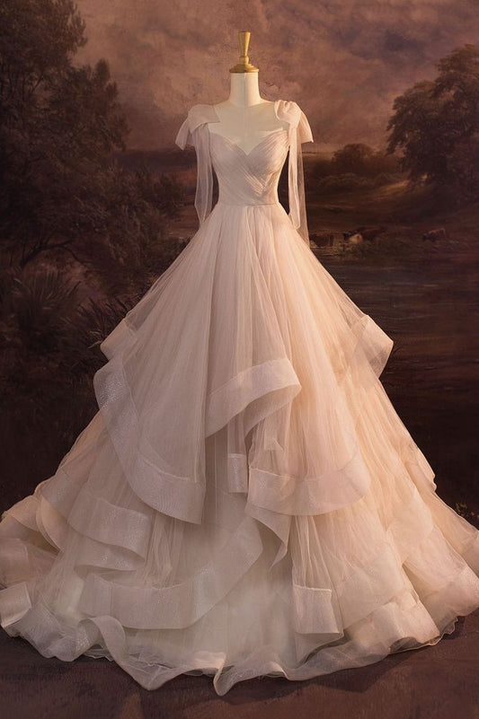 Hermoso vestido de fiesta largo de tul rosa ruborizado con tirantes finos, vestido de novia y vestido de noche GG2314