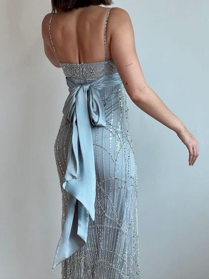 Classy Mermaid Spaghetti Straps Satin Tulle Sequin Long Prom Dress,Party Dress,Evening Dress GG2324