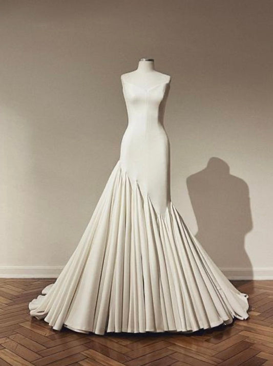 Unique Strapless White Satin Pleated Long Prom Dress,Party Dress,Evening Dress GG2329