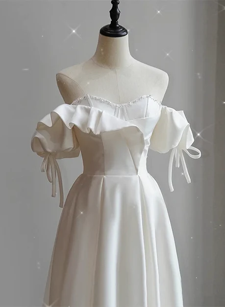 Elegante vestido de fiesta largo de satén blanco con escote en forma de A y escote corazón con cuentas, vestido de noche GG232