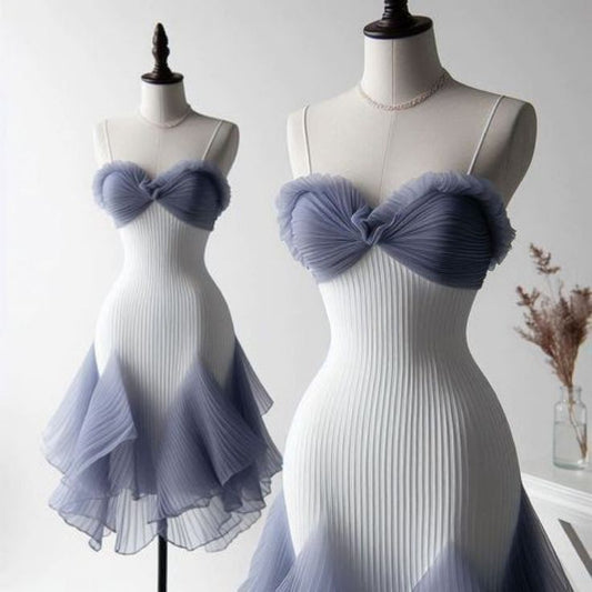 Vestido de fiesta corto plisado de gasa con tirantes finos y corte sirena, vestido de bienvenida y vestido de noche GG2341