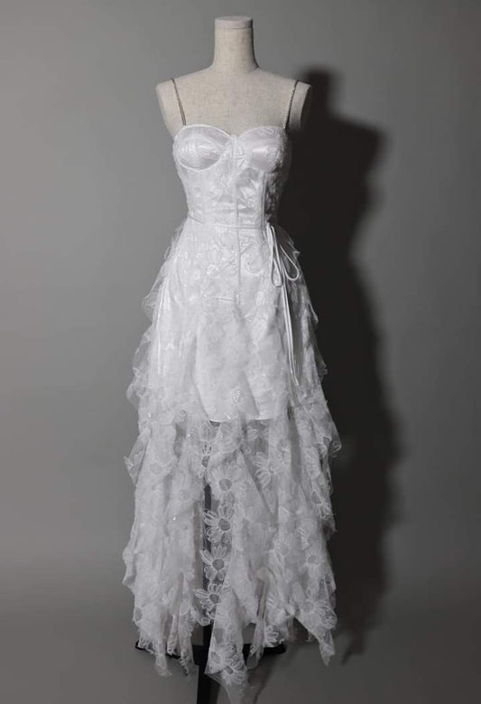 Vestido de fiesta corto de sirena con tirantes finos, satén blanco, tul y encaje, elegante, para regreso a casa y noche, GG2342