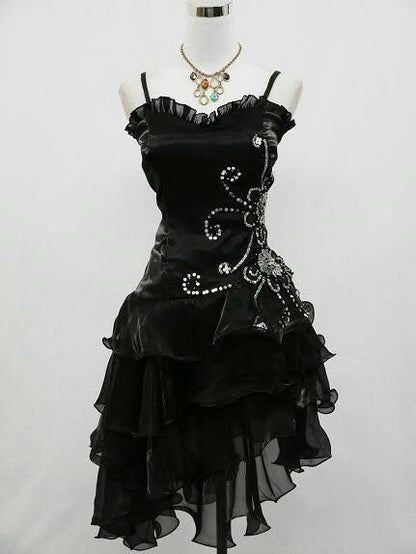 Impresionante vestido de fiesta corto de satén negro con tirantes finos y corte sirena, vestido de fiesta, vestido de noche GG2343