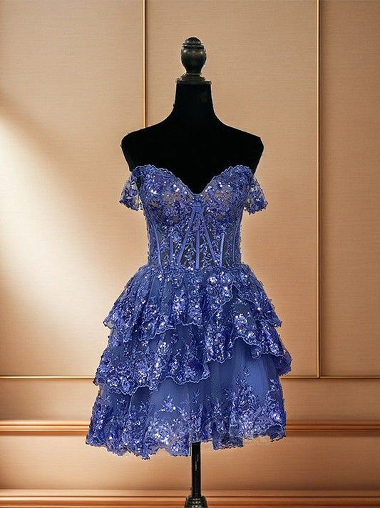 Elegante vestido de fiesta corto de tul con encaje y hombros descubiertos, vestido de regreso a casa y vestido de noche GG2345
