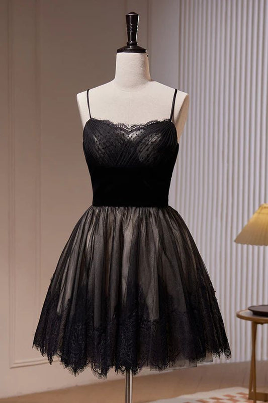 Vestido de fiesta corto de tul negro con tirantes finos, corte A, para regreso a casa y noche, GG2346