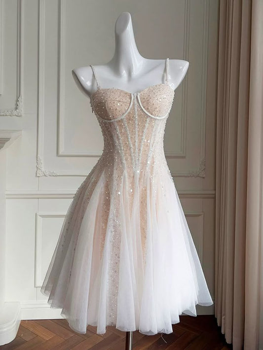 Vestido de fiesta corto de tul con cuentas y tirantes finos, corte A, para regreso a casa y noche, GG2347